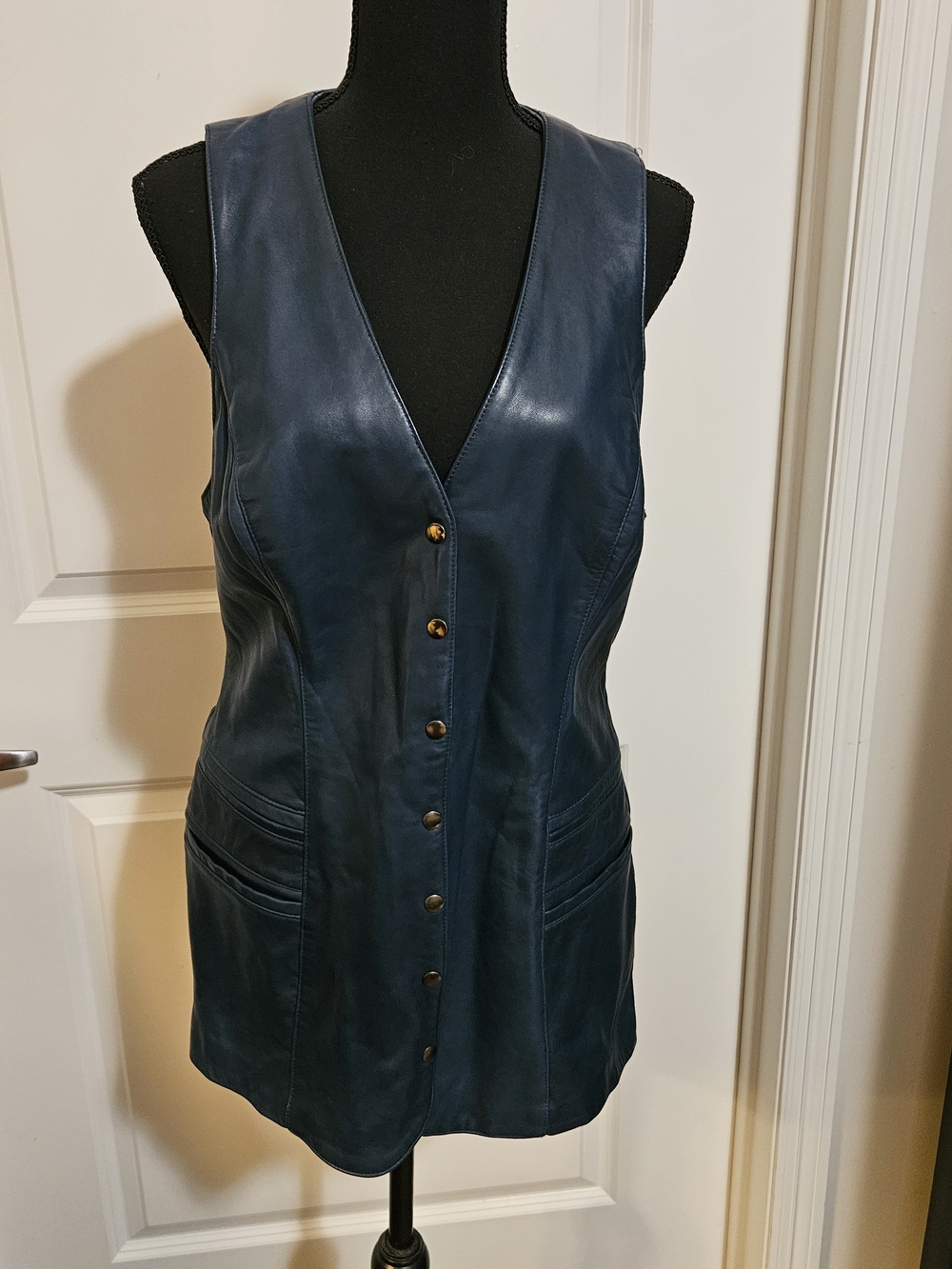 Classic Navy Leather Sleeveless Button-Front Vest